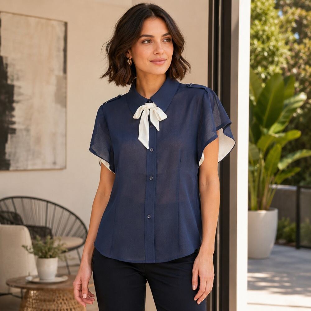 Tulip B Medium Navy Ivory Tie Neck Flutter Sleeve Button Front Blouse NWT